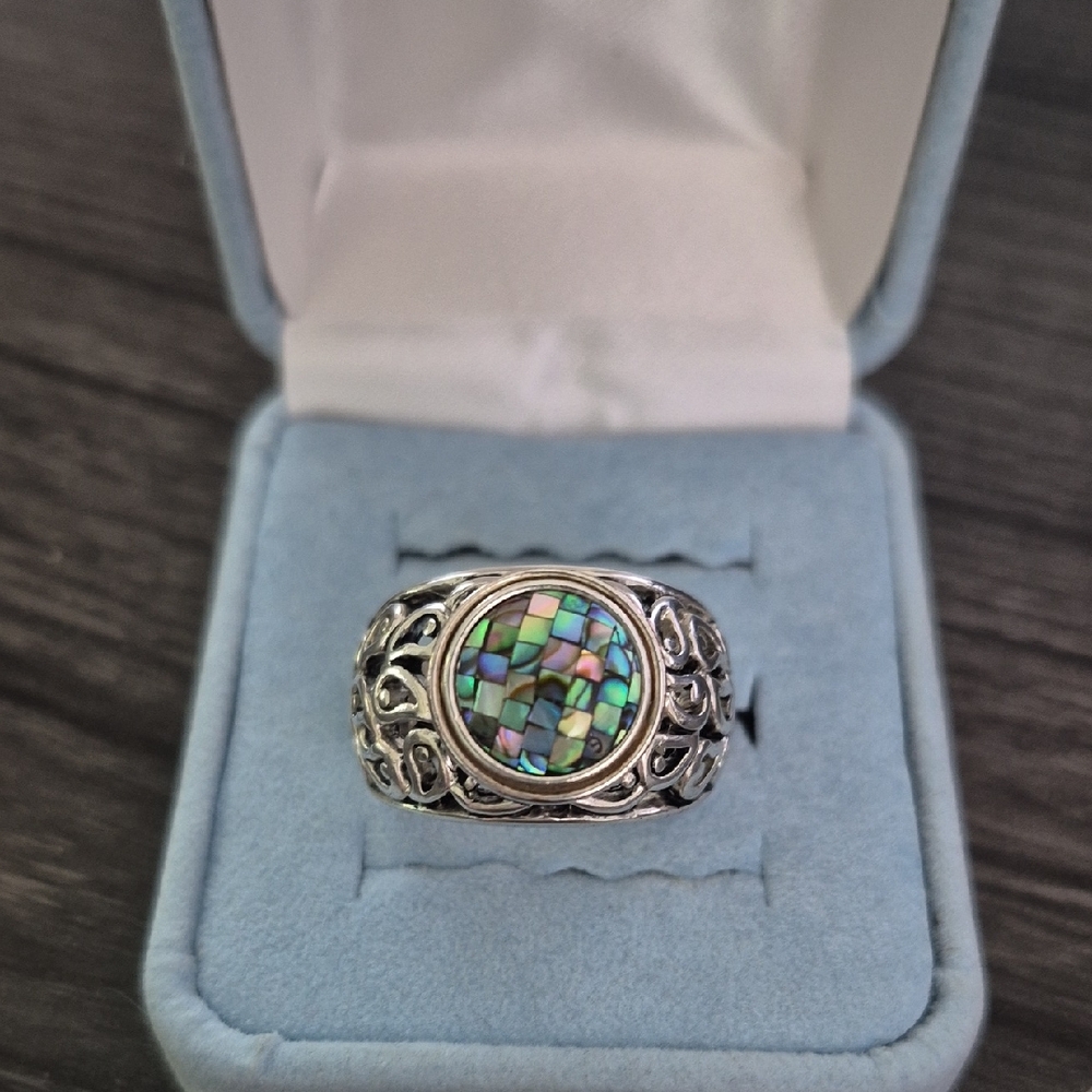 Abalone Mosaic Filigree Ring - Iridescent Green Blue